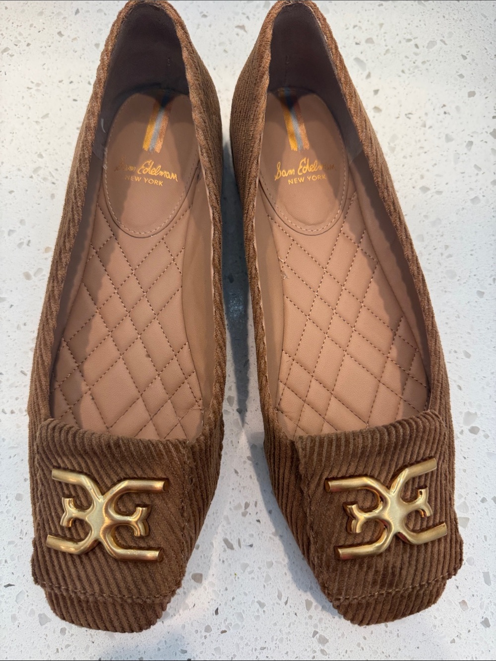 Sam Edelman Brown Corduroy Loafers with Gold Tone Logo